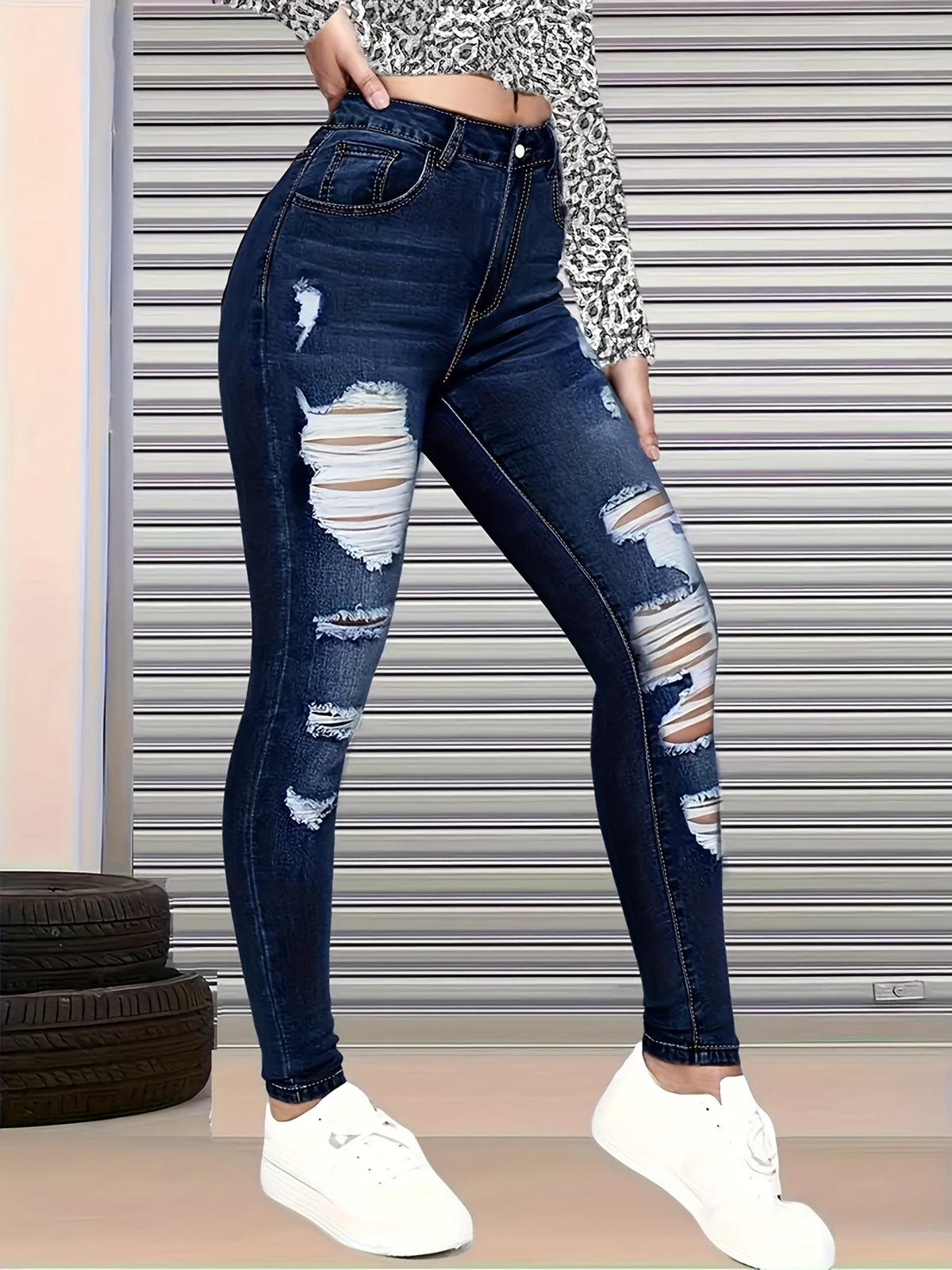 Women's High Stretch Ripped Skinny Jeans Dark Blue Slim Fit Distressed Denim Pants with Pockets Streetwear All-Season