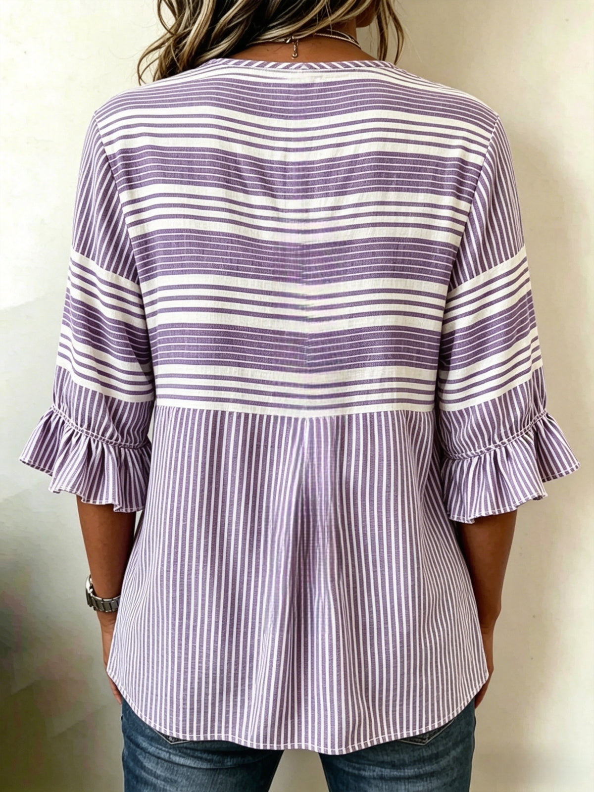 Striped V-Neck Blouse Women Ruffle 3/4 Sleeve Loose Fit Tunic Top Lightweight Linen Button Detail Summer Shirt S-2XL