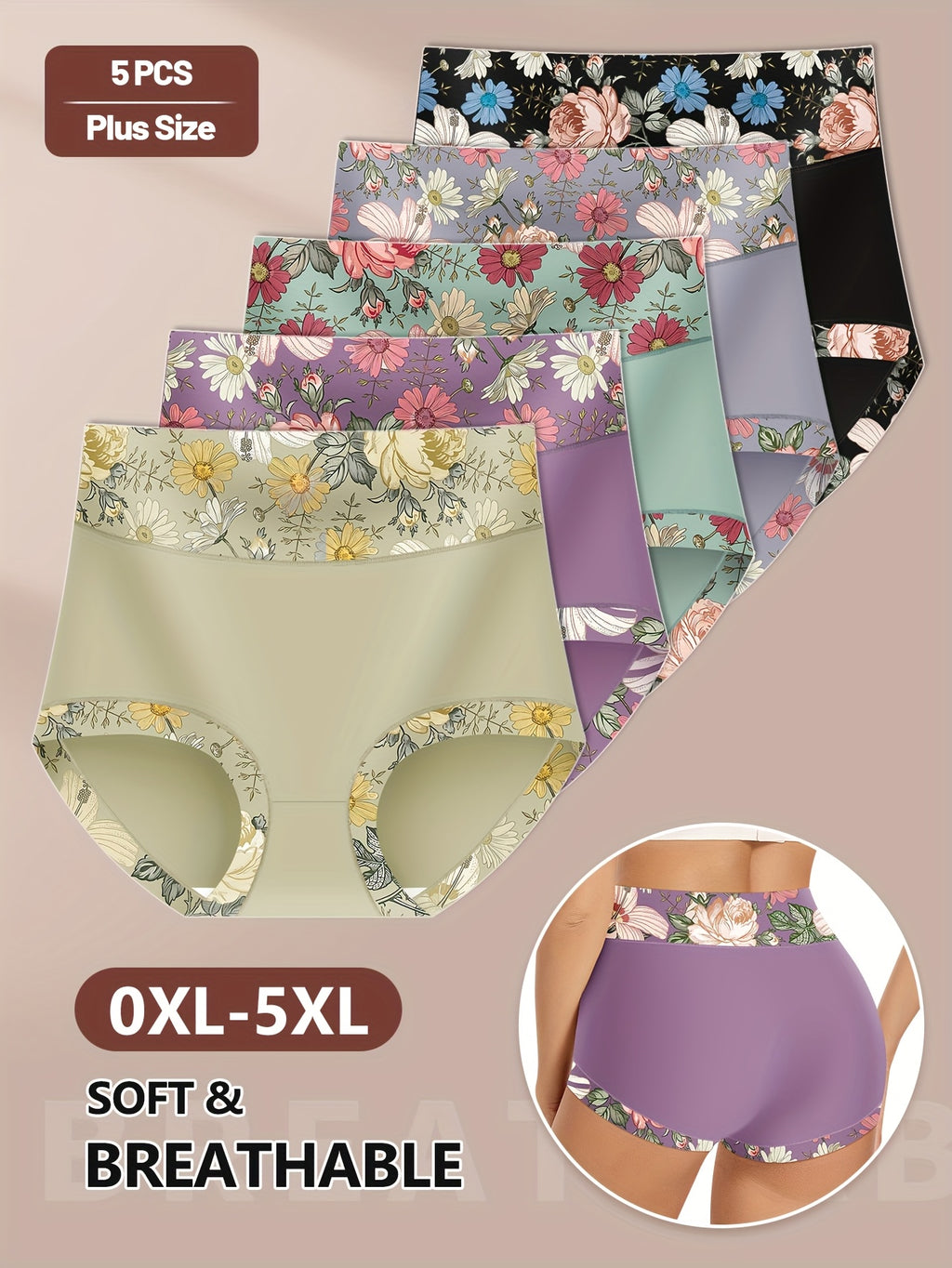 Plus Size Panties 5 Pack Women Floral Print High Waisted Soft Briefs Elegant Comfortable Underwear Set