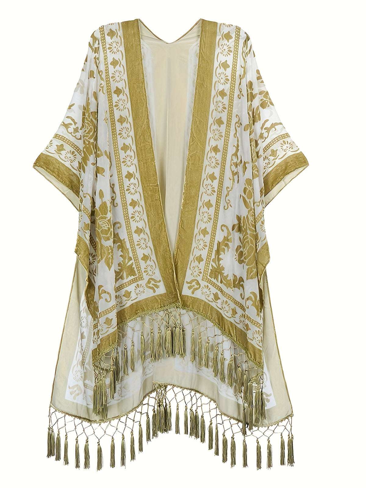 Boho Burnout Velvet Kimono Women Long Cardigan Cover Up Tassel Floral Embroidered One Size
