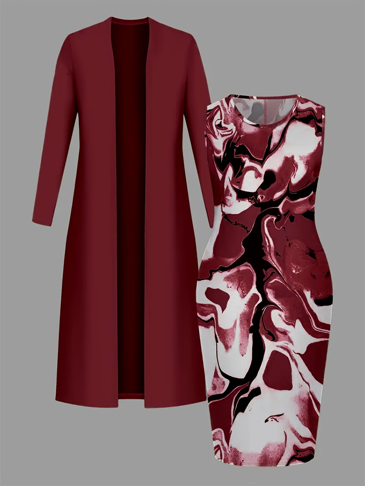 Women 2 Piece Set Khaki Long Cardigan Gold Brown Marble Print Pencil Skirt Elegant Work Commuter Outfit Business Casual Matching Co-ord