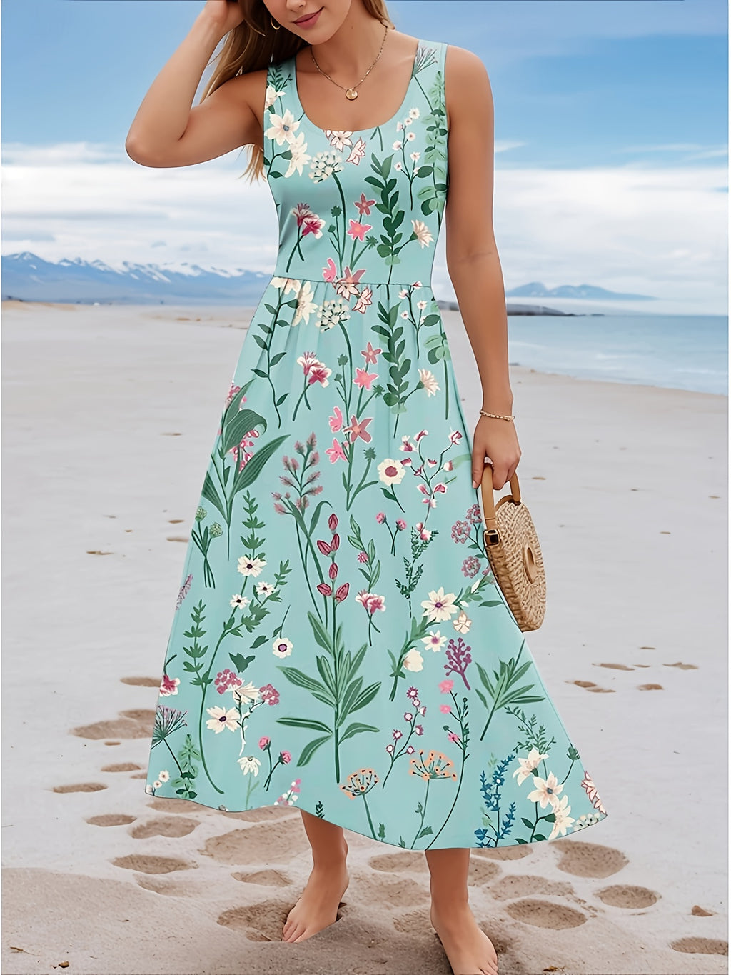 Digital Print Sleeveless A-Line Dress Women Pleated Vest Style Elegant Casual Spring Summer Vacation Commute Party Dress S-XXL