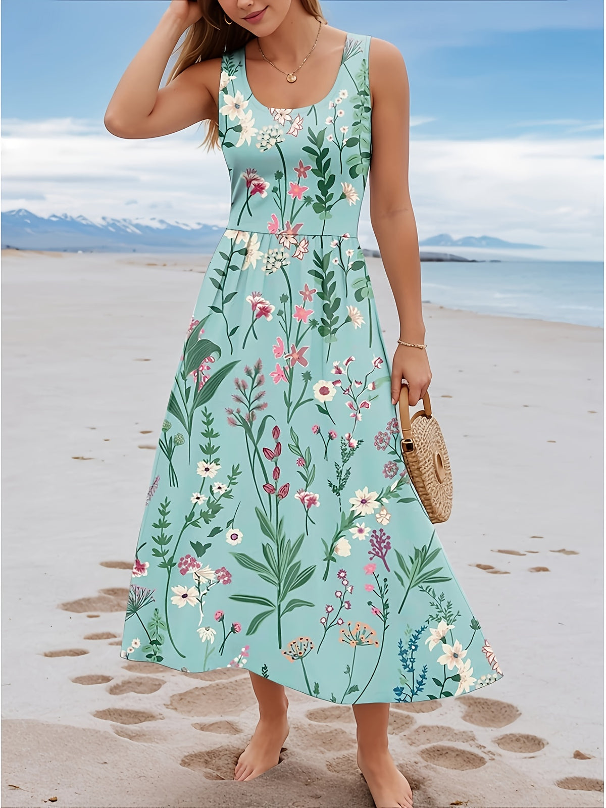Digital Print Sleeveless A-Line Dress Women Pleated Vest Style Elegant Casual Spring Summer Vacation Commute Party Dress S-XXL