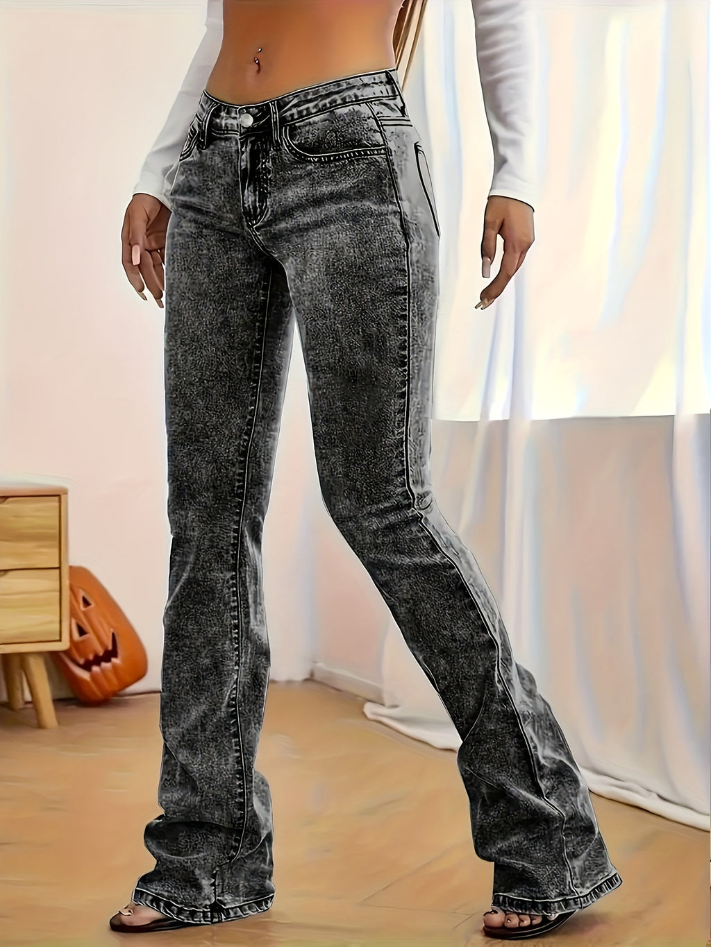 Skinny Flare Jeans Women Low Waist Button Fly Long Length Stretch Casual Pants