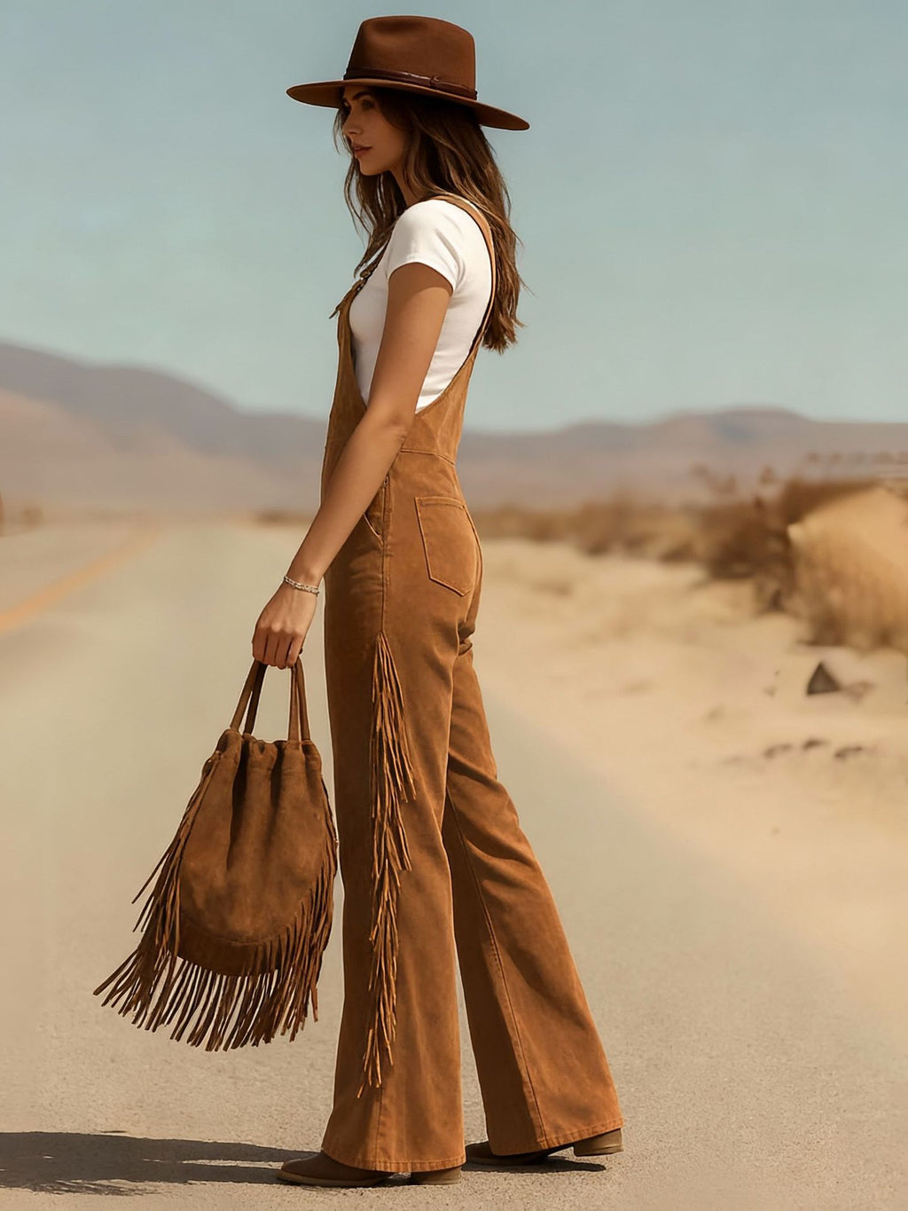 Vintage Fringe Overalls Women Wide Leg Loose Faux Suede Western Boho Festival Country Concert Halloween Costume Outfit