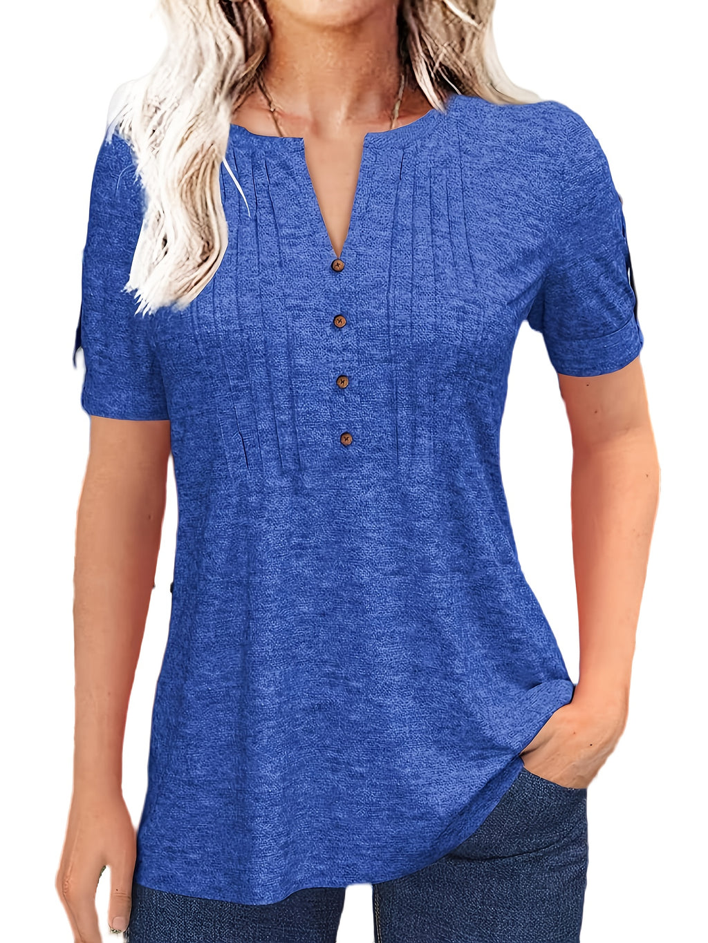 Pleated V-Neck T-Shirt Women Solid Color Short Sleeve Button-Up Casual Summer Top 60% Polyester Viscose Micro-Elastic Smooth Knit Tunic Versatile Daily Wear S-XXL