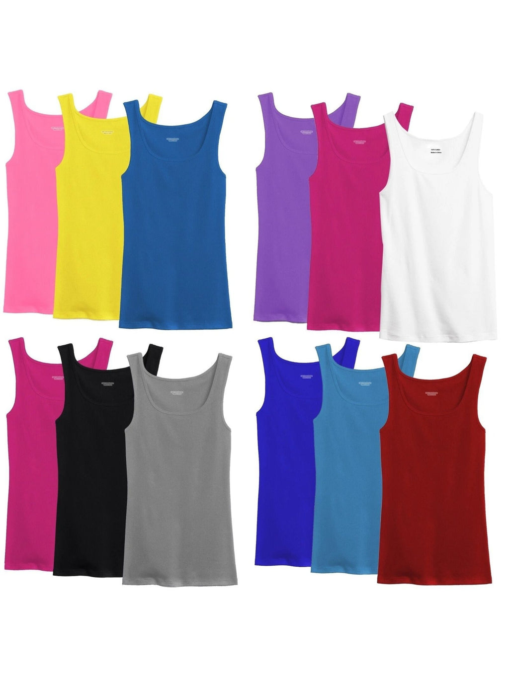 Women's 100% Cotton Ribbed Tank Top Sleeveless Round Neck Multi-Pack Random Colors 3-12pcs S-XXL