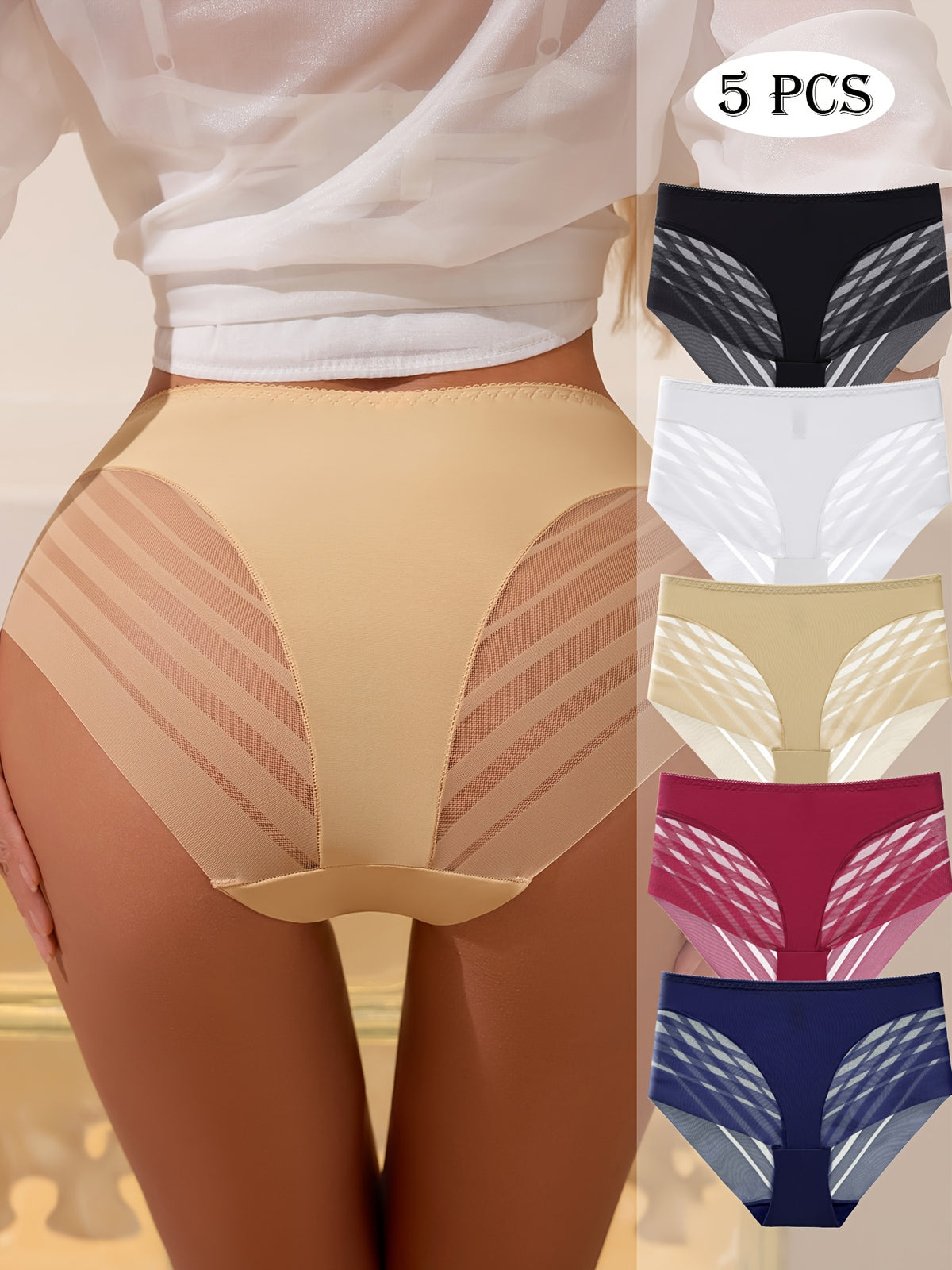 Lace Panties 5 Pack Women Mid Waist Hip Lift Breathable No Trace Comfortable Striped Triangle Underwear Sexy Ladies Lingerie