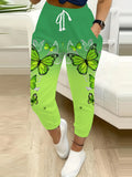 Butterfly Print Tapered Pants for Women – Green Casual Elastic Drawstring Waist Side Pockets, Medium Stretch All-Season Machine Washable Comfortable Everyday Bottoms S-XXL