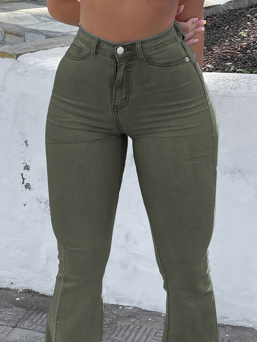 High Waist Stretch Flare Jeans Women Wide Leg Pants with Pockets – Solid Color Street Style, All-Season Comfortable Denim, Machine Washable