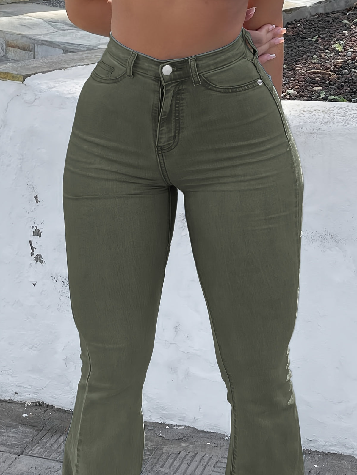 High Waist Stretch Flare Jeans Women Wide Leg Pants with Pockets – Solid Color Street Style, All-Season Comfortable Denim, Machine Washable