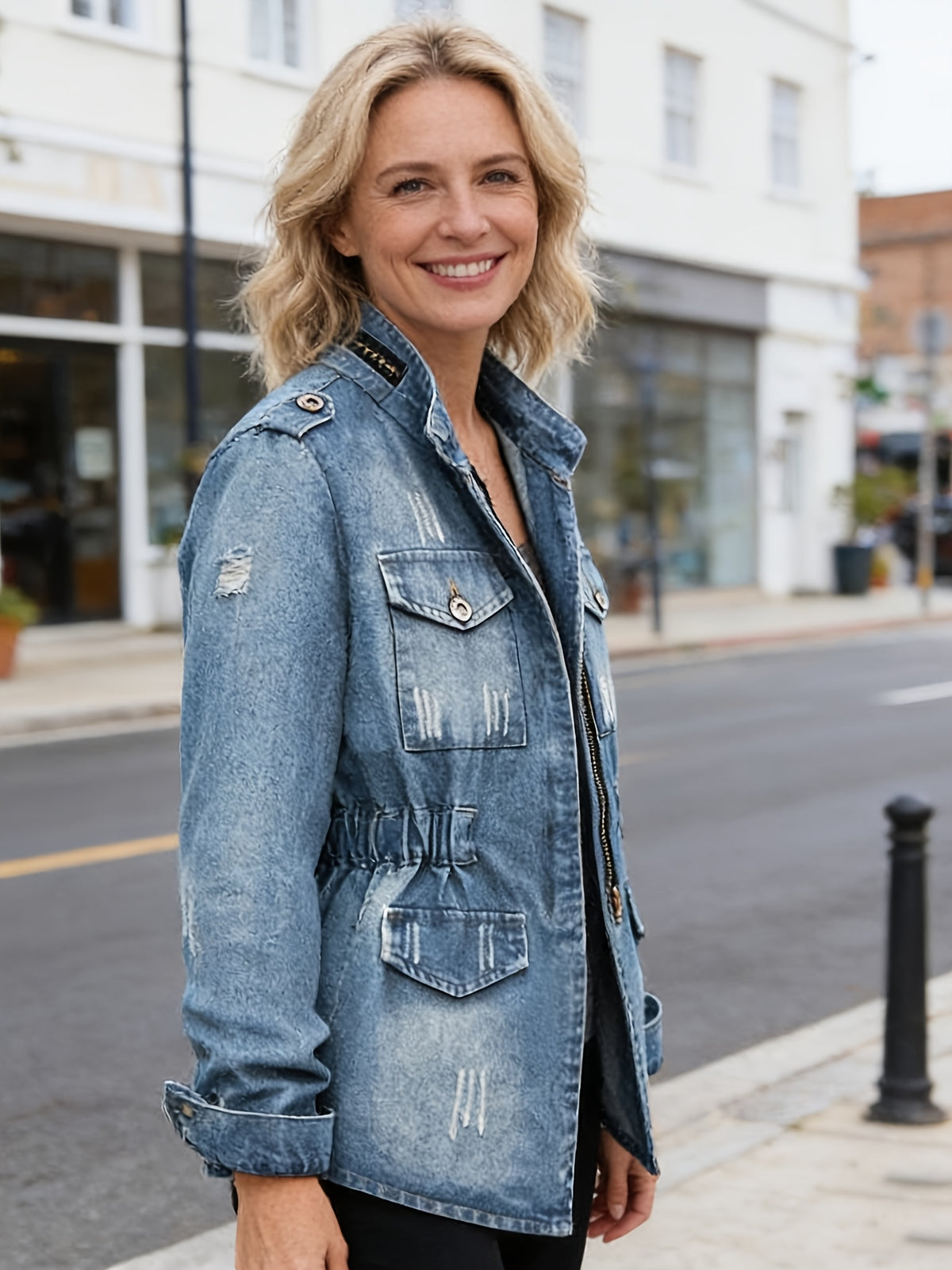Round Neck Three Quarter Sleeve Short Denim Jacket Women Casual Daily Outfit Spring Autumn Jean Coat Blue Light Blue