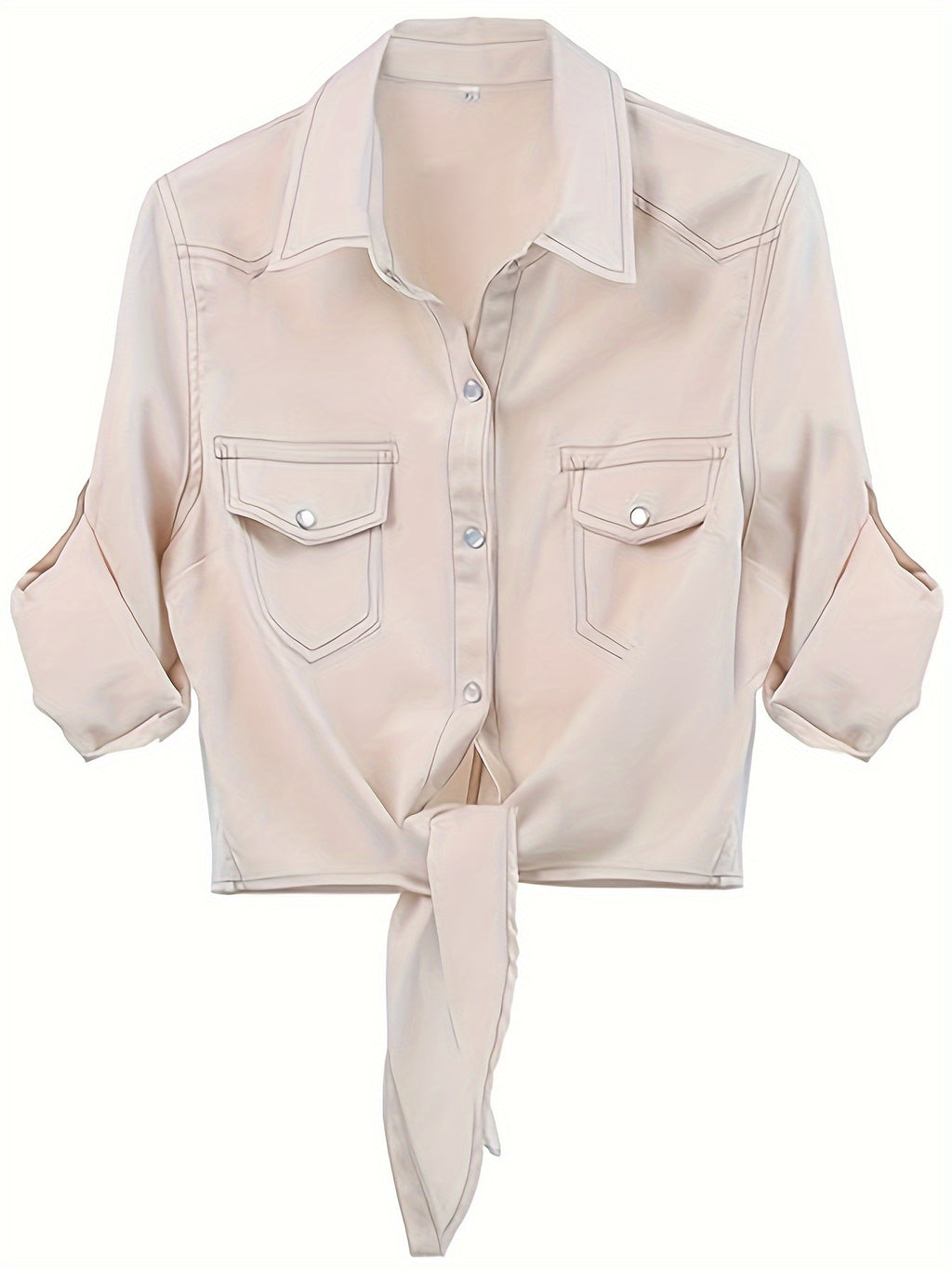 Women's Roll-Up 3/4 Sleeve Tie Front Knot Shirt Chambray Denim Crop Top Button Detail White Blue XS-XXL
