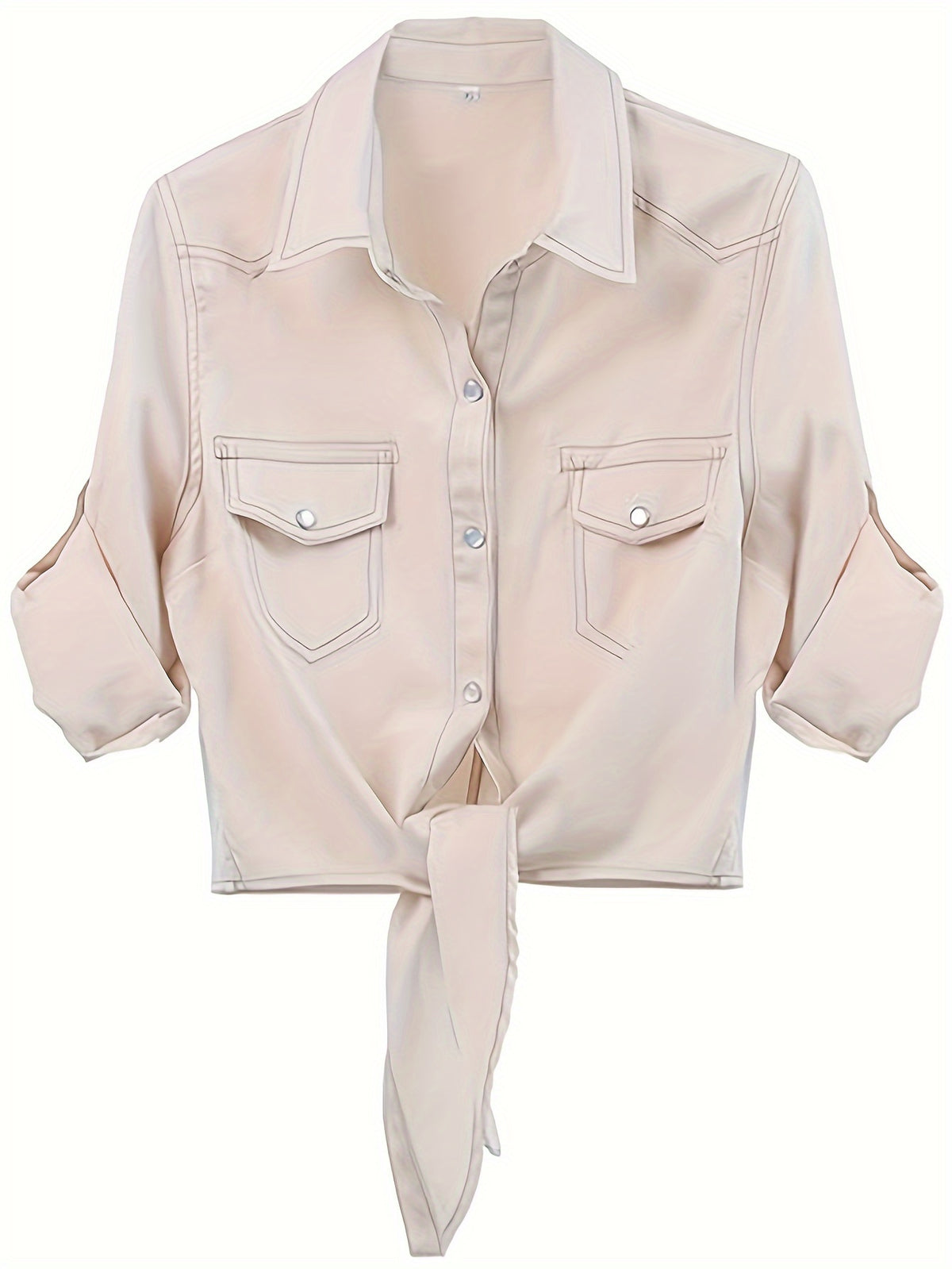 Women's Roll-Up 3/4 Sleeve Tie Front Knot Shirt Chambray Denim Crop Top Button Detail White Blue XS-XXL
