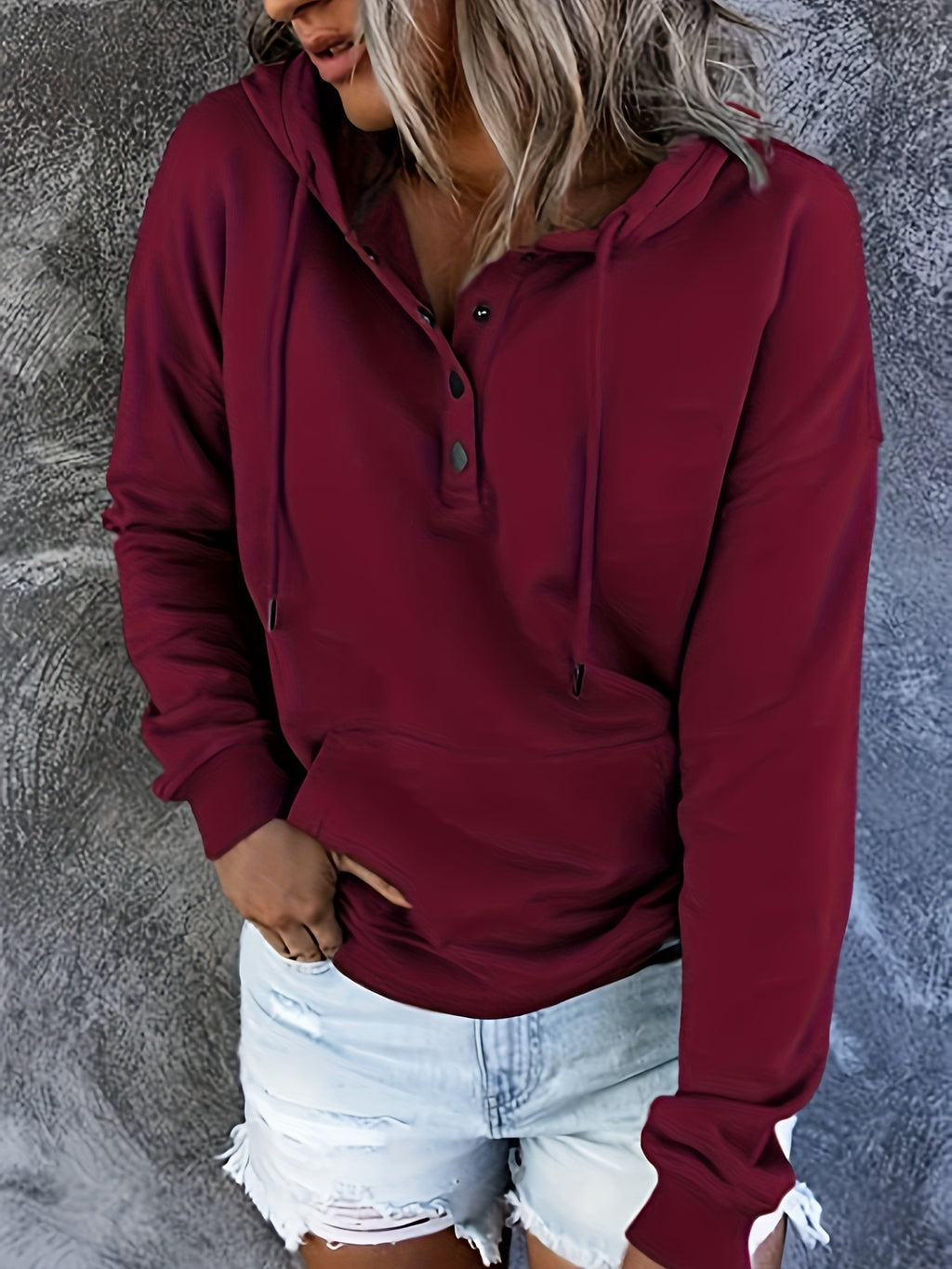 Women Oversized Button Hoodie Sweatshirt Long Sleeve Kangaroo Pocket Ribbed Cuff Casual Pullover Black Grey Burgundy Apricot S-XXL