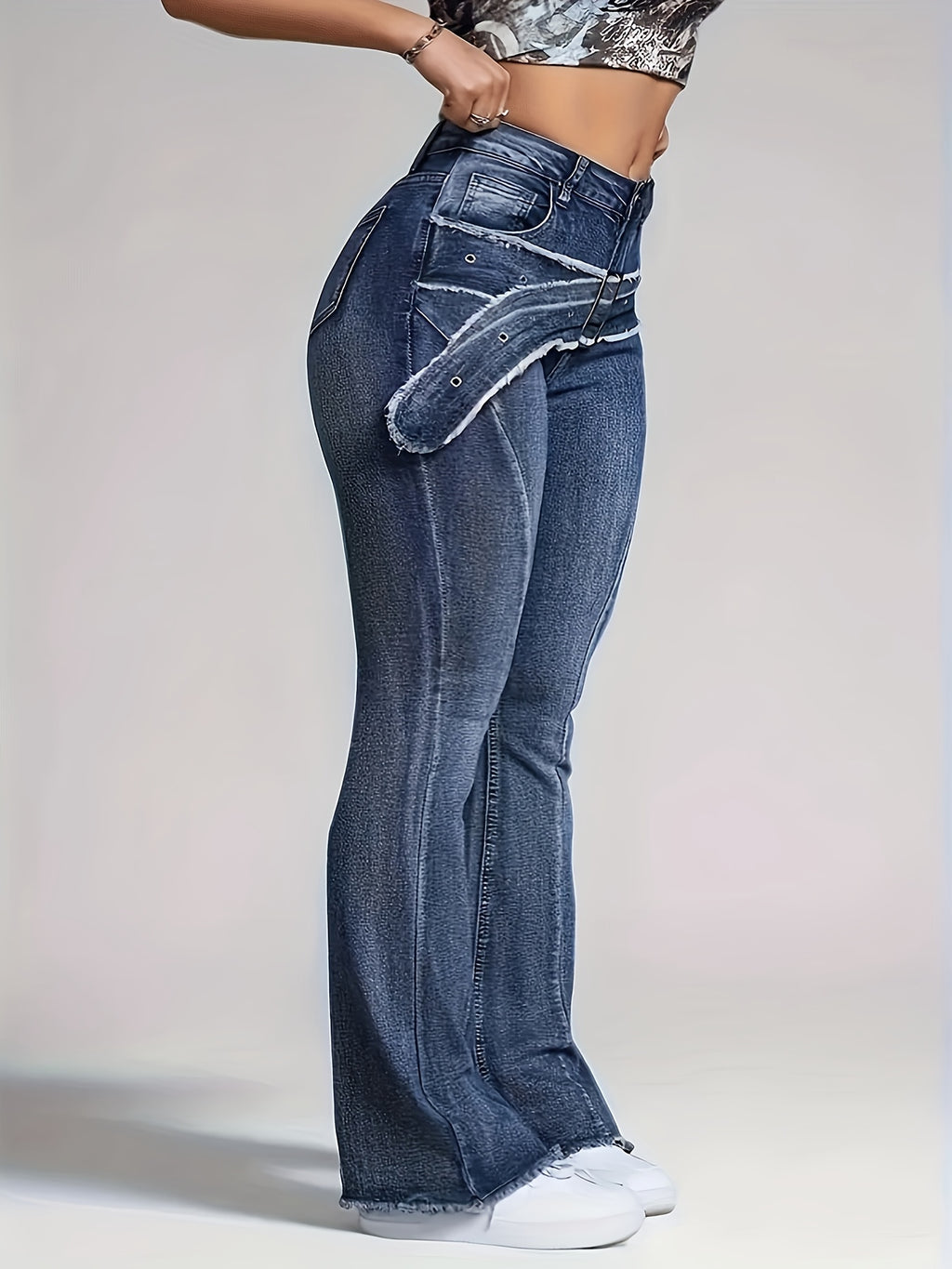 Women's Retro Washed Fringe Flared Jeans Fake Waistband Curved Hem Slightly Flared Bootcut Medium Blue S-XXL