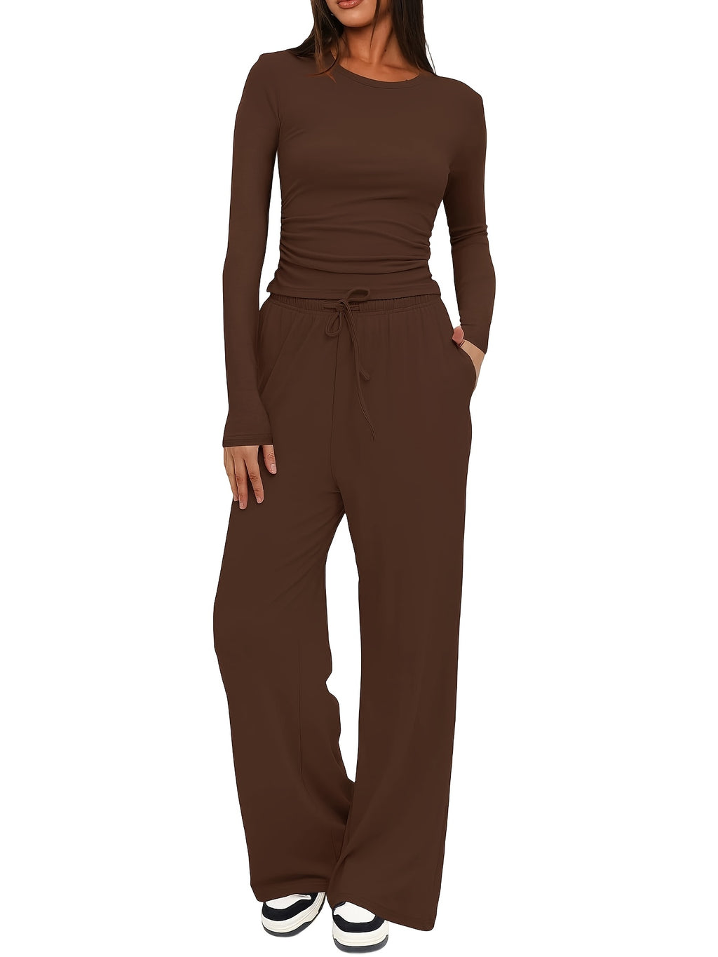 Women's 2 Piece Loungewear Set Casual Long Sleeve Top & High Waist Wide Leg Pants Sweatsuit Matching Outfit