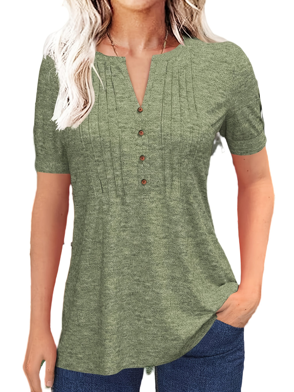 Pleated V-Neck T-Shirt Women Solid Color Short Sleeve Button-Up Casual Summer Top 60% Polyester Viscose Micro-Elastic Smooth Knit Tunic Versatile Daily Wear S-XXL