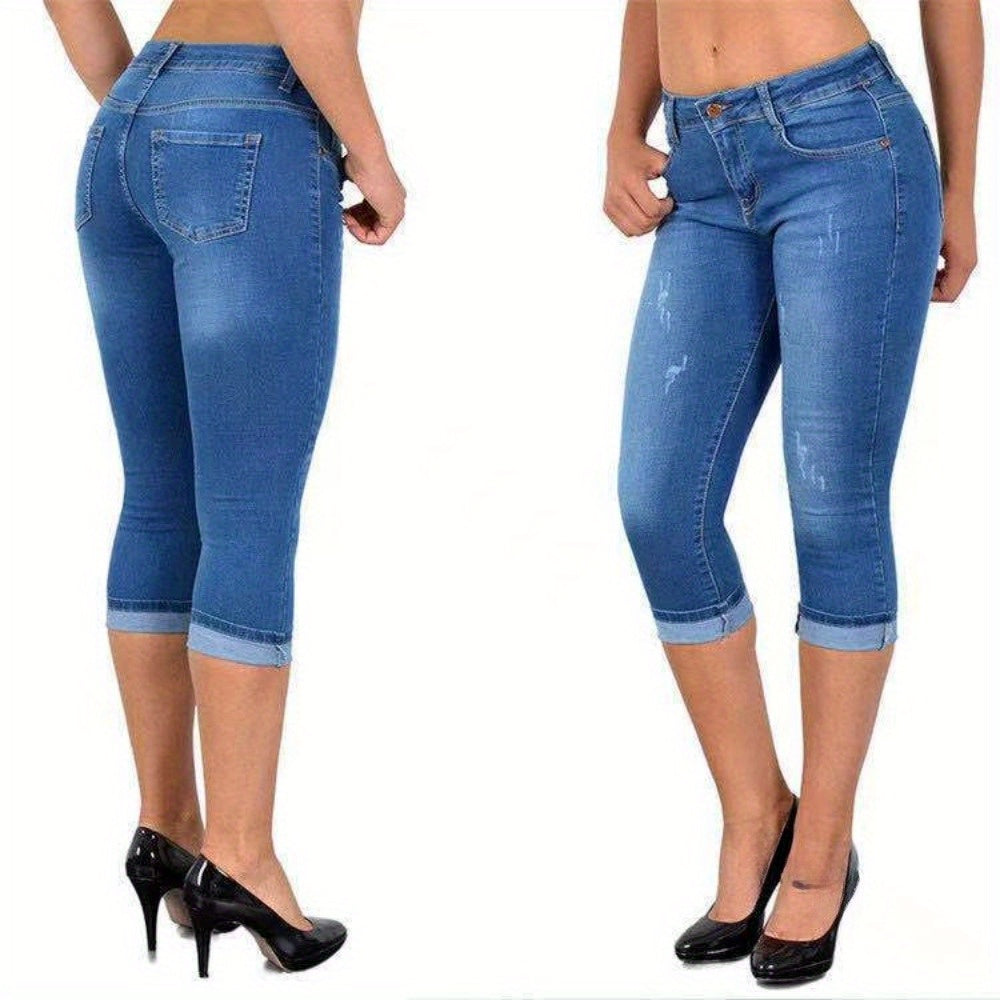 Stretch Skinny Capri Jeans Women Elastic Waist Cropped Denim Pants Street Style Summer Black Light Blue Dark Blue S M L XL XXL
