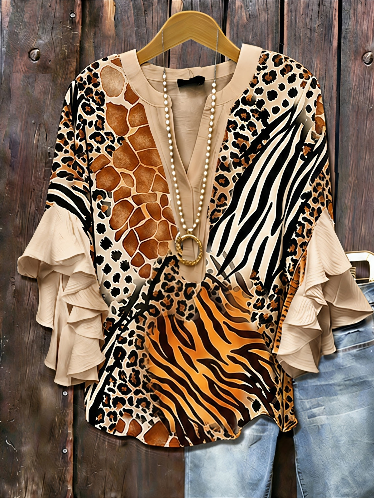 Animal Print Ruffle Sleeve Tunic Top Women V-Neck Long Blouse Three Quarter Patchwork Loose Fit Casual Daily Commute Date Night 95% Polyester