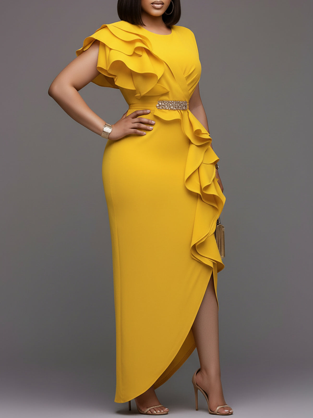 Mermaid Fishtail Dress Women Ruffled Waist Sleeveless Slit Formal Evening Wedding Prom Elegant Solid Color Round Neck