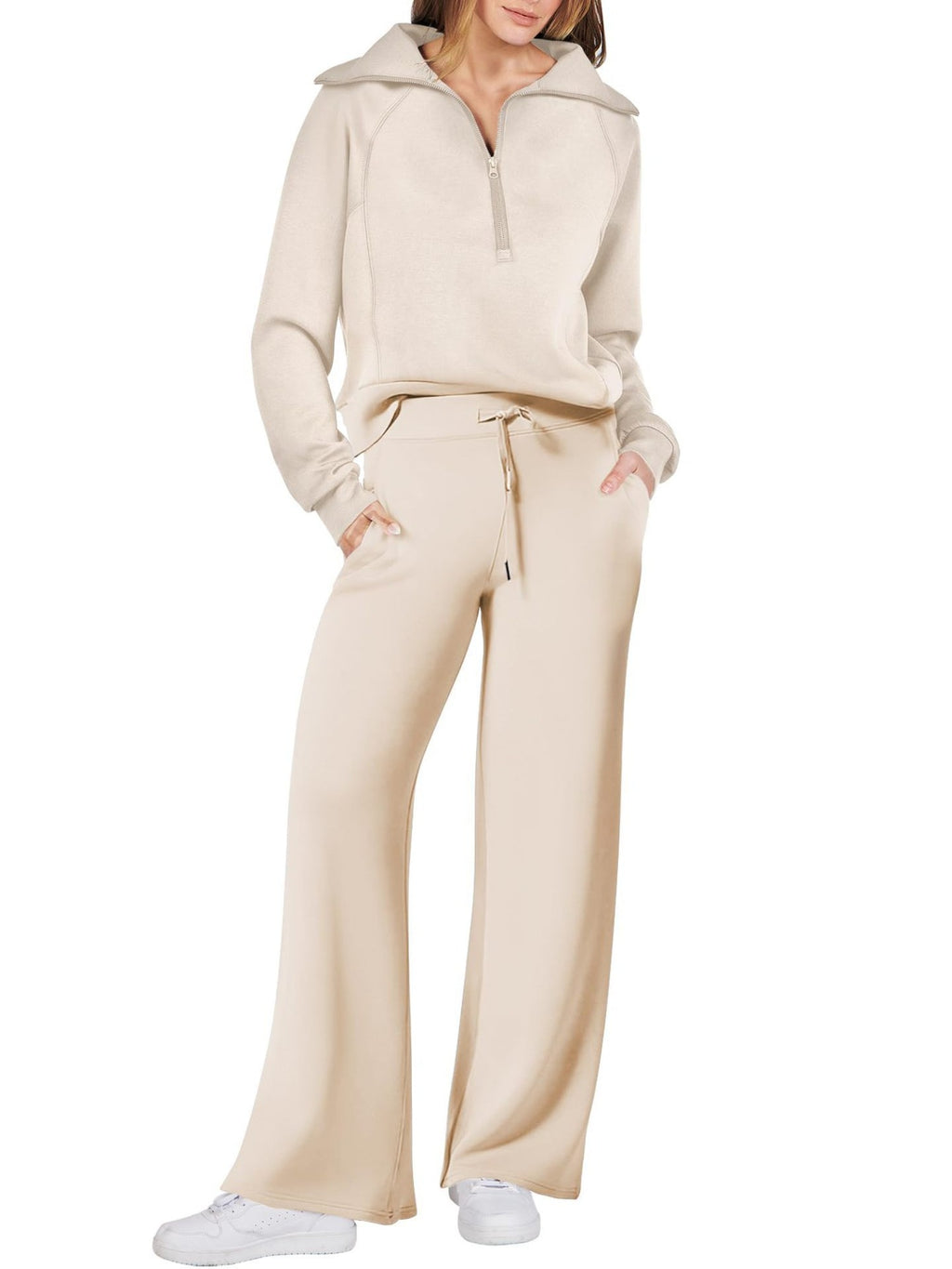 Zipper Sweatshirt Wide-Leg Pants 2 Piece Set Women Casual Tracksuit Outfit for Spring Fall - Loose Fit Jogger Co-ord Set