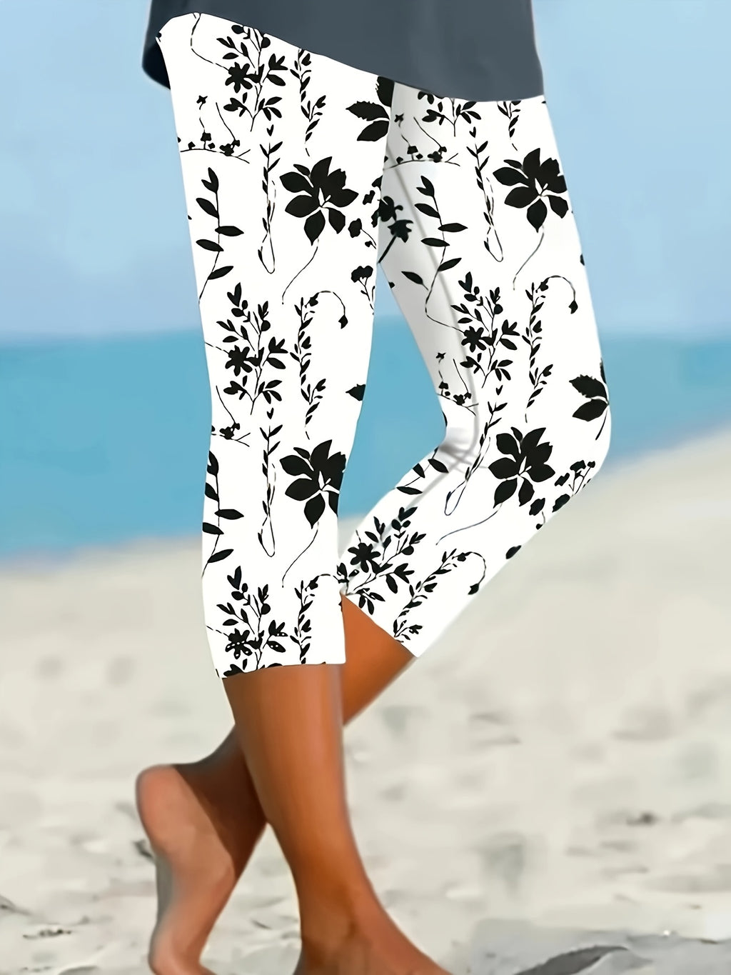 Floral Print Capri Leggings for Women – High Waist Stretchy Black Gray Flower Design, 95% Polyester Smooth Knit, Beach Casual All-Season, Sizes S-XXL
