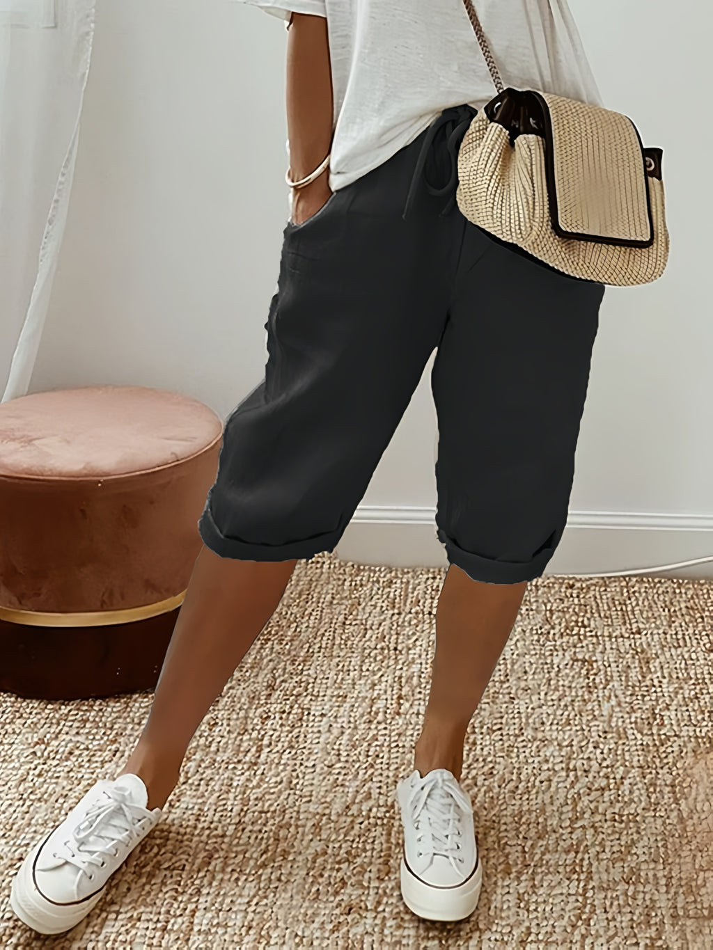 Boyfriend Capri Pants Set Women 3-Piece Drawstring Waist Curled Hem Pockets Casual Holiday Beach Summer Relaxed