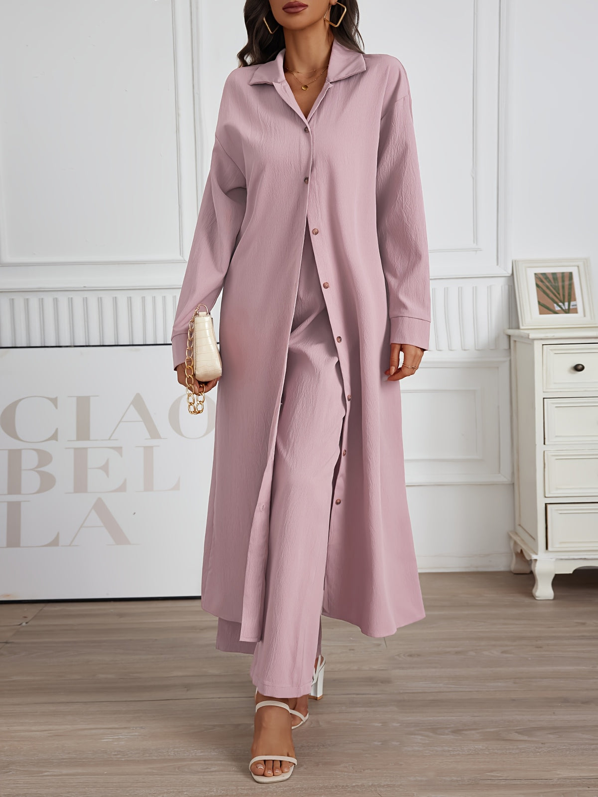 Drop Shoulder Long Shirt Wide Leg Pants 2 Piece Set Women Solid Color Casual Matching Outfit Loose Lounge Streetwear Pink S-XXL