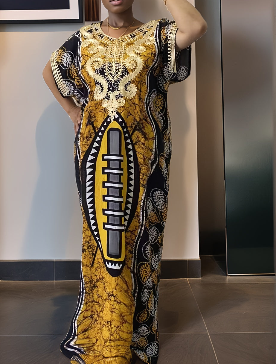Maxi Kaftan Dress Women Arabic Abaya Robe Golden Embroidered Islamic Embellishments Batwing Sleeve Round Neck Long Modest Dress Machine Washable