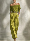 Off Shoulder Puff Sleeve Top and Wide Leg Pants 2 Piece Set for Women – Pleated Loose Casual Suit, Spring Summer, Sizes S-XXL