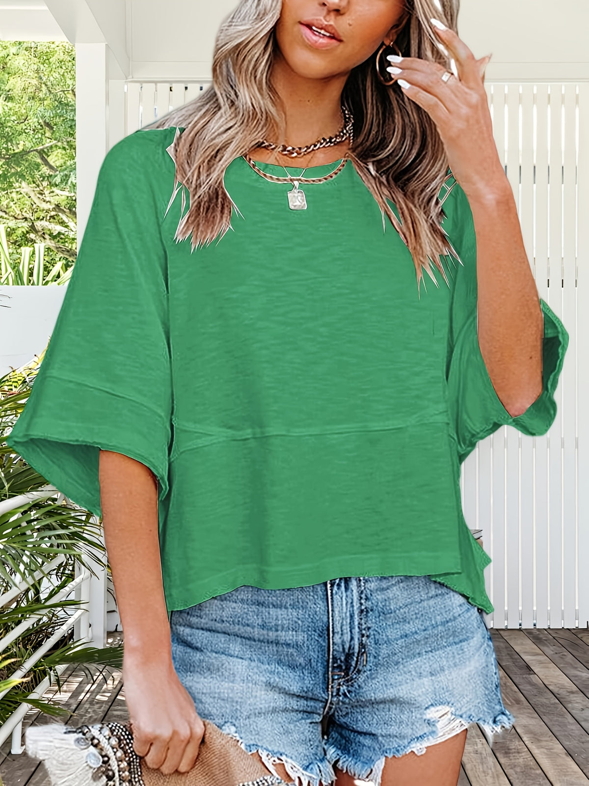 Women's Flowy Batwing Half Sleeve Crewneck T-Shirt Solid Color Loose Fit Casual Summer Top Cute Basic Tee