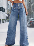 Loose Jeans for Women Button Waistband Open Button Cuff Casual Straight Denim Pants All-Season Machine Washable Travel Streetwear S-XXL