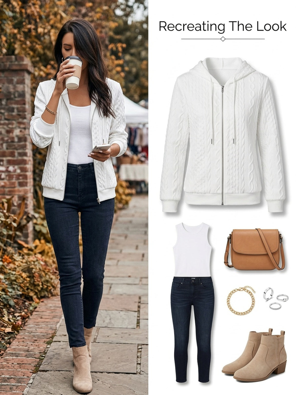 Women Casual Solid Color Zip Hooded Jacket with Pockets Long Sleeve Textured Polyester White Fall Winter S-XXL