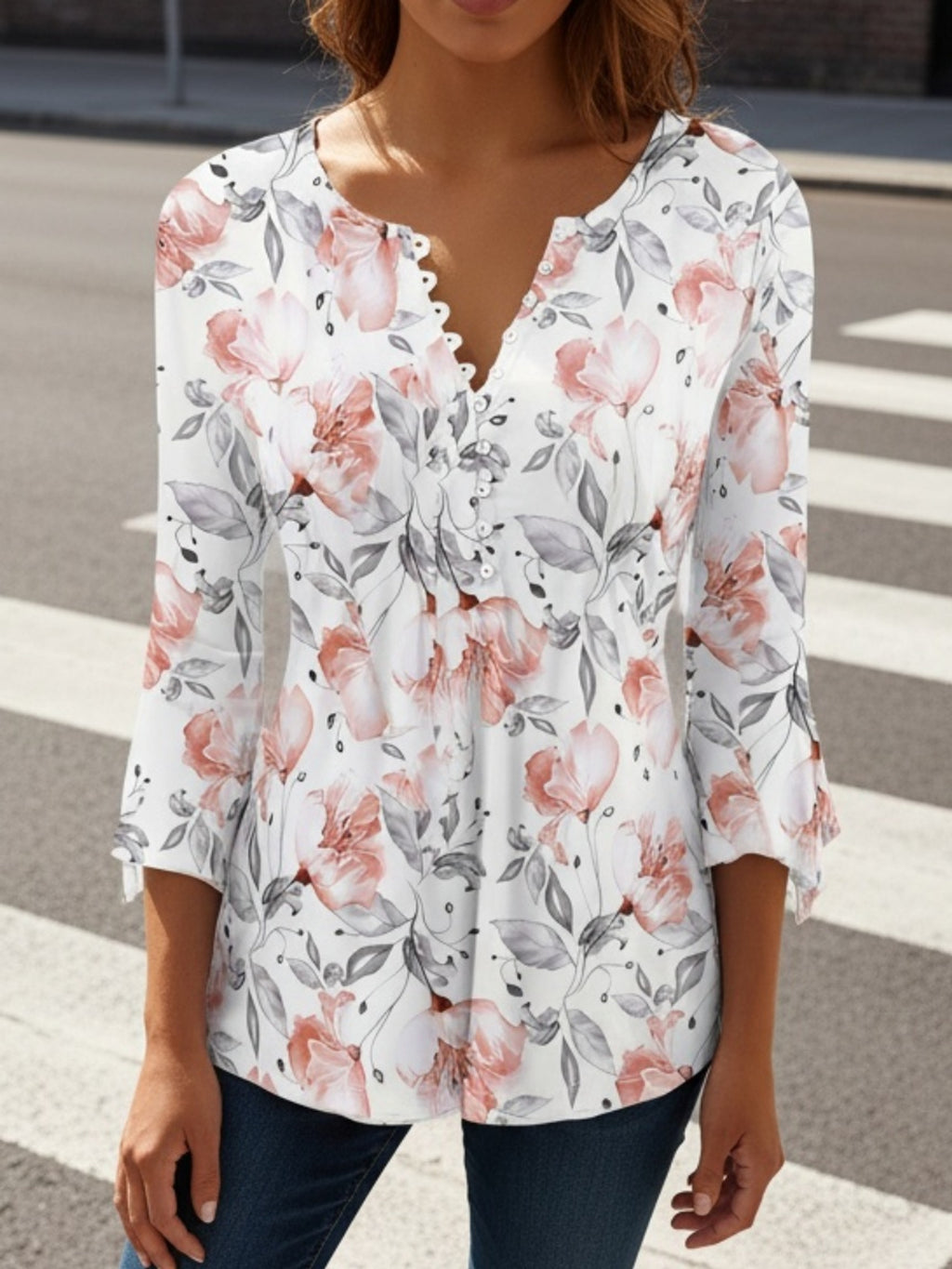 Printed Button V-Neck Women Blouse Irregular Three Quarter Sleeve Casual Top Stretch Knit Spring Fall Everyday Shirt