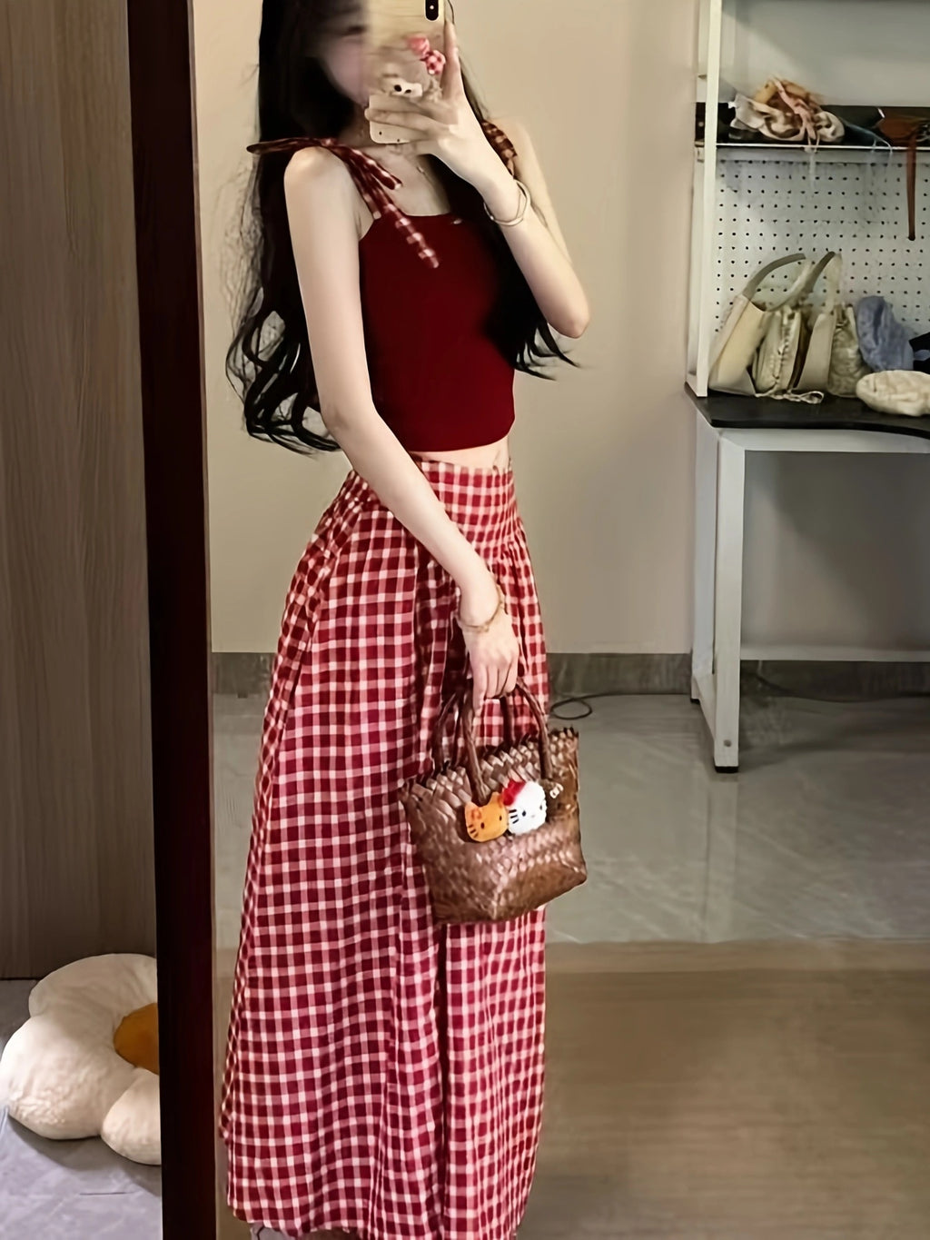 Plaid High Waist A-Line Midi Skirt for Women Checkered Woven Opaque Flowing Mid Length Skirt Spring Fall Casual Streetwear Blue White Black White S-XXL