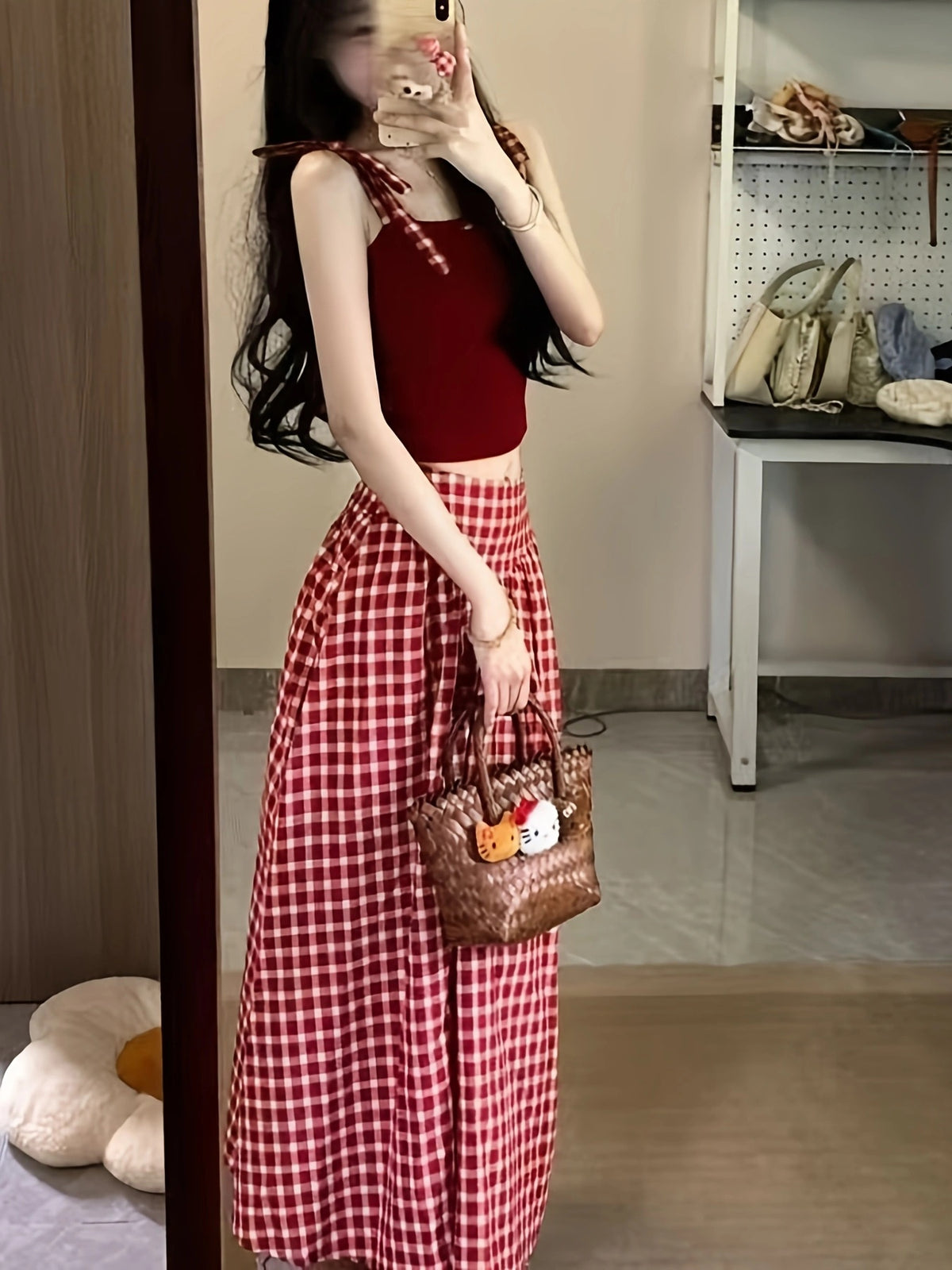 Plaid High Waist A-Line Midi Skirt for Women Checkered Woven Opaque Flowing Mid Length Skirt Spring Fall Casual Streetwear Blue White Black White S-XXL