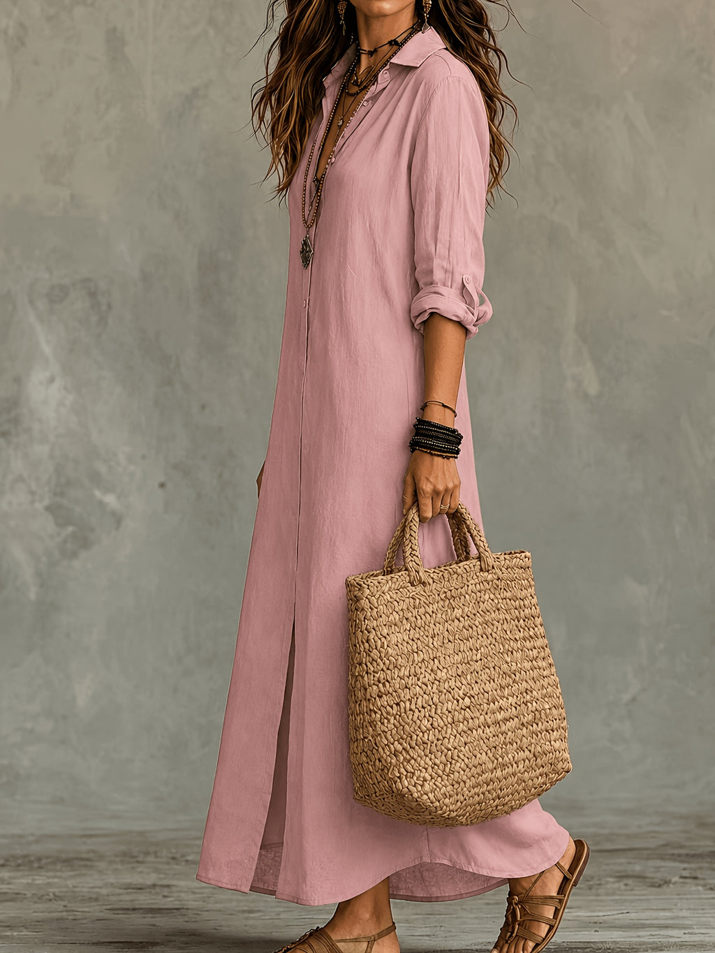 Women's Maxi Shirt Dress Button Front Slit Turn Collar Roll-Up Sleeve Boho Beach Casual S-XL