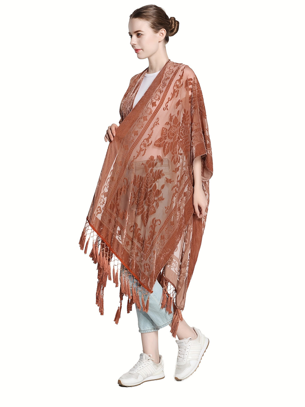 Boho Burnout Velvet Kimono Women Long Cardigan Cover Up Tassel Floral Embroidered One Size
