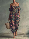 Off-Shoulder Puff Sleeve Printed Jumpsuit Women Retro Dark Tone Waist-Fit Casual Vacation French Style Spring Summer