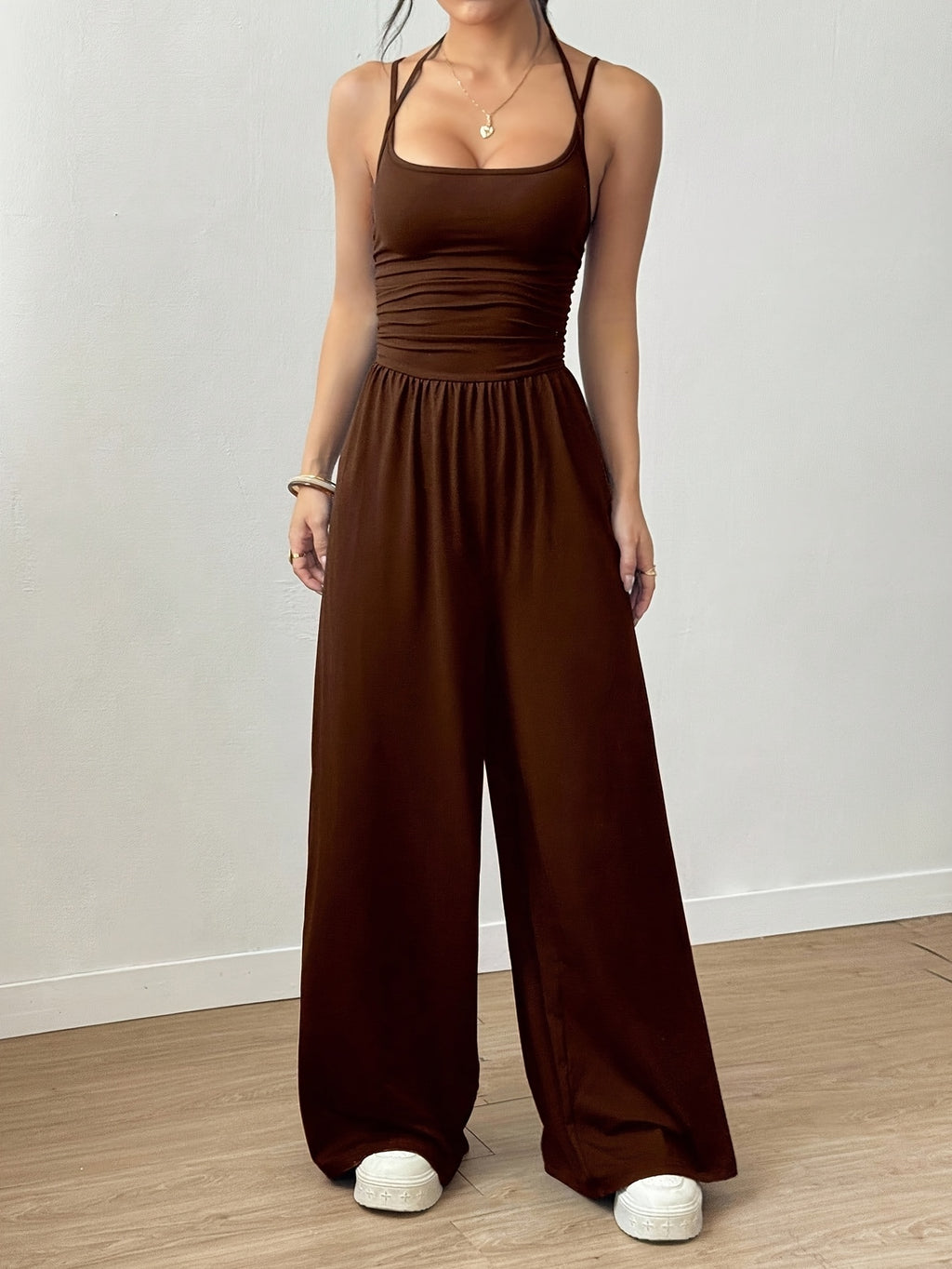 Pleated Loose Fit Jumpsuit Women Casual Wide Leg One Piece Outfit Spring Summer Light Grey Navy S-XL