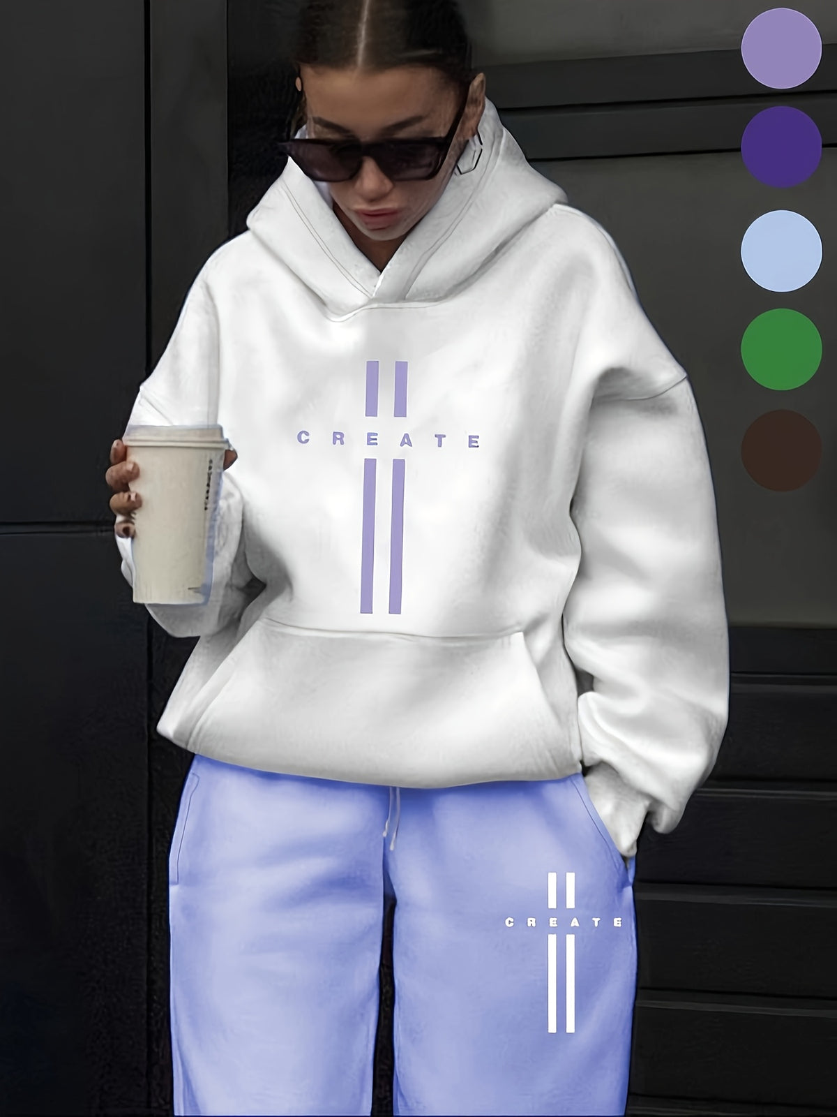 Printed Hoodie Sweatpants Set Women Oversized Fleece-Lined Tracksuit with Pockets Fall Winter Casual Jogger Outfit Dark Green Purple Sky Blue S-XXL