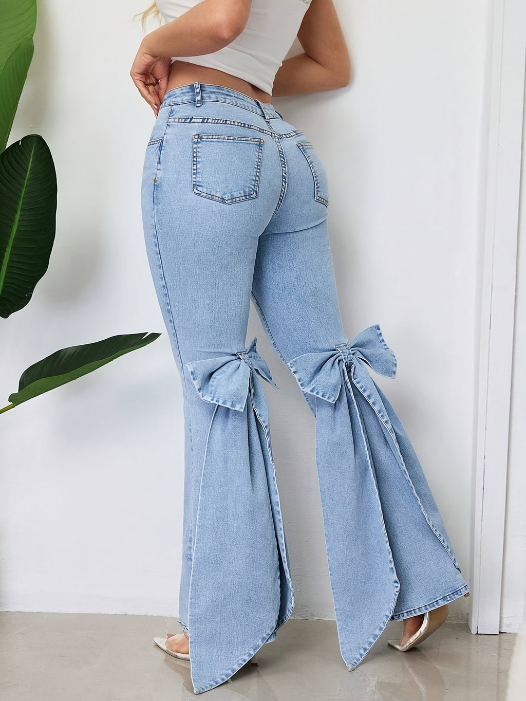Bow Ribbon Flare Jeans Women Mid Rise Slim Fit Stretch Denim Light Blue Vintage Wash Casual All Season S-XXL