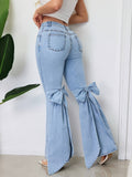 Bow Ribbon Flare Jeans Women Mid Rise Slim Fit Stretch Denim Light Blue Vintage Wash Casual All Season S-XXL