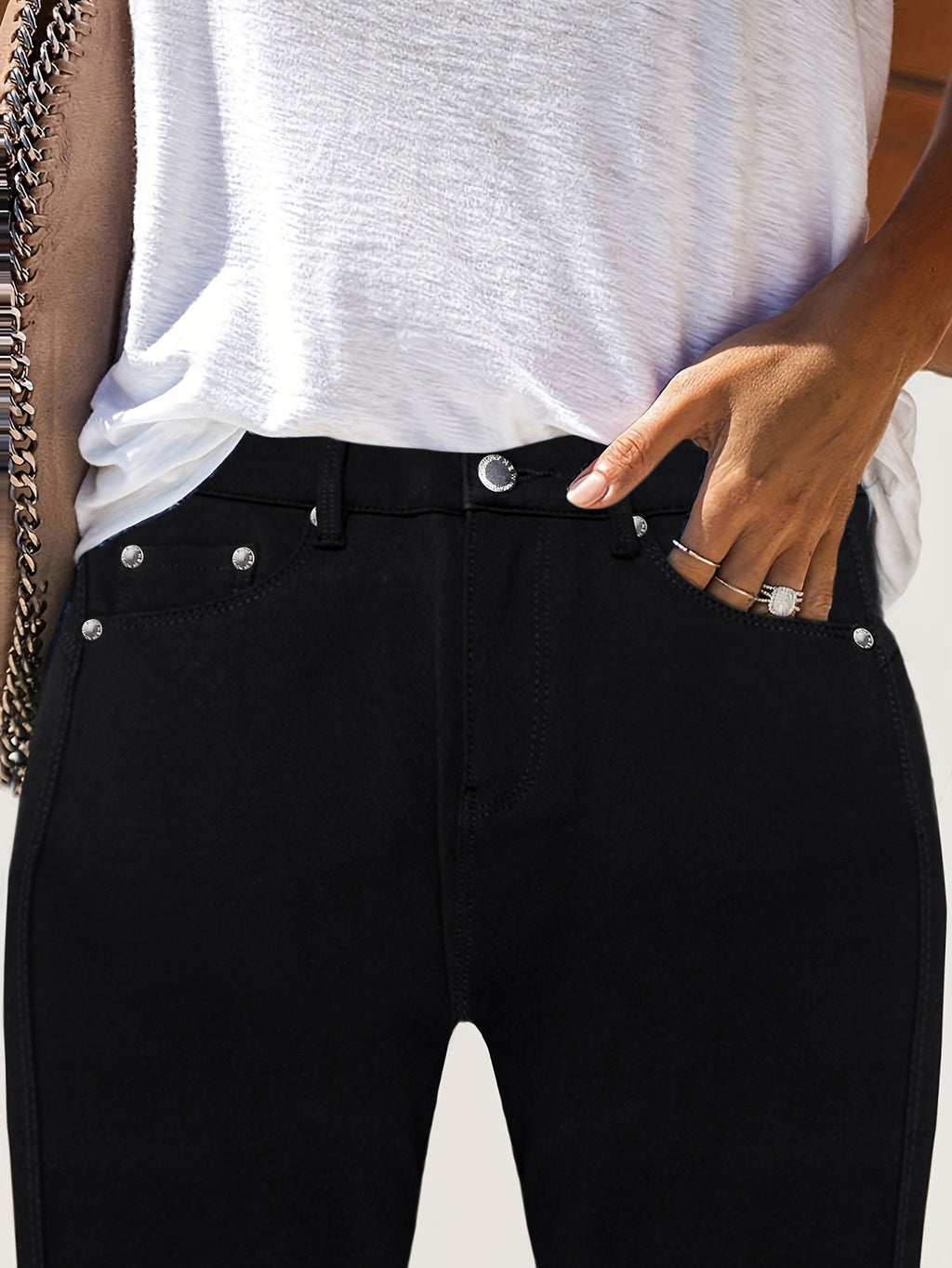 High Waist Skinny Jeans Women Metal Button Detail - Stretch Street Style Casual Denim Pants in Black, Blue, Burgundy & More Colors S-XXL
