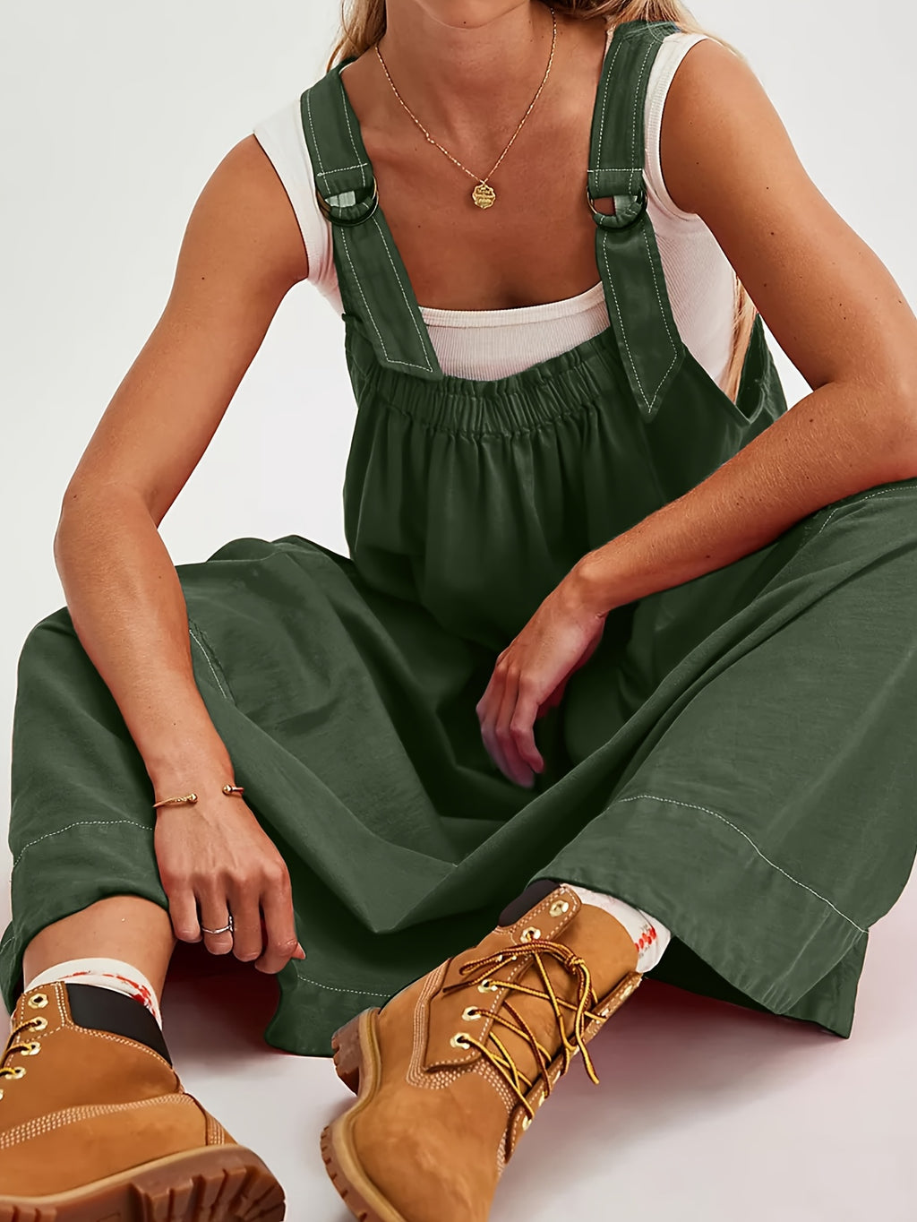 Overall Dress Women Loose Adjustable Strap Midi Length Big Pockets Workwear Casual Bib Jumper Dress Spring Summer S M L XL XXL