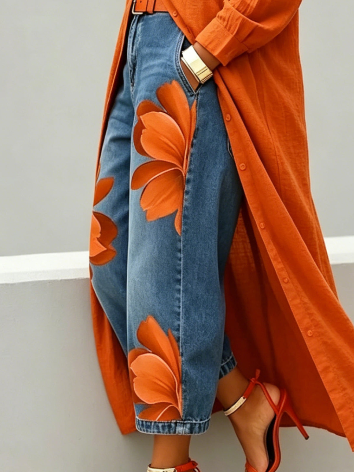 Floral Print Denim Wide Leg Pants Women Loose Fit Summer Casual Comfortable Boho Beach Trousers S-XXL
