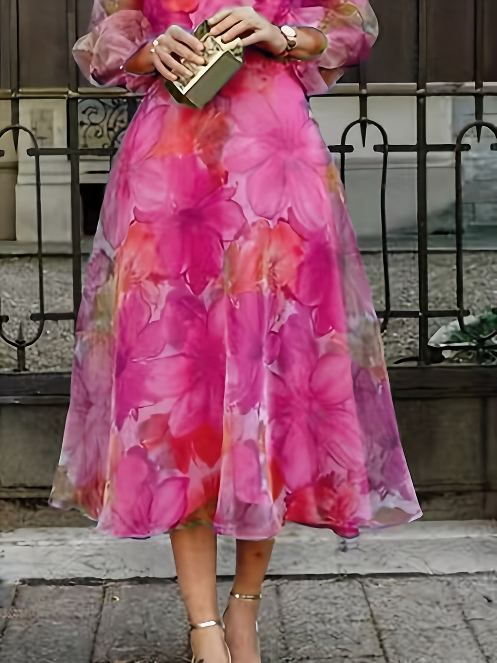 Floral Print Chiffon Maxi Dress Women Ombre Gradient Long Sleeve Back Zipper Flowy Wedding Guest Party Dress
