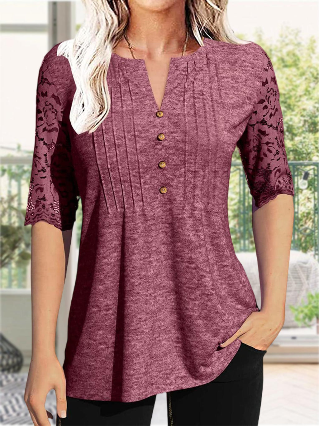 Button Front V-Neck Top Women Pleated Detail Short Sleeve Solid Color Casual Summer Blouse Lightweight Breathable Machine Washable