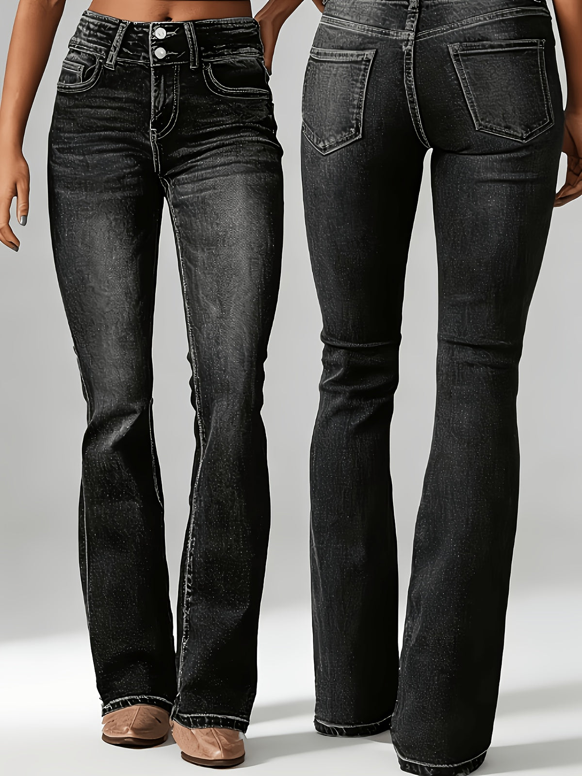 Women's High-Rise Flared Bell-Bottom Jeans Stretch Denim Button Closure Blue Black All Season
